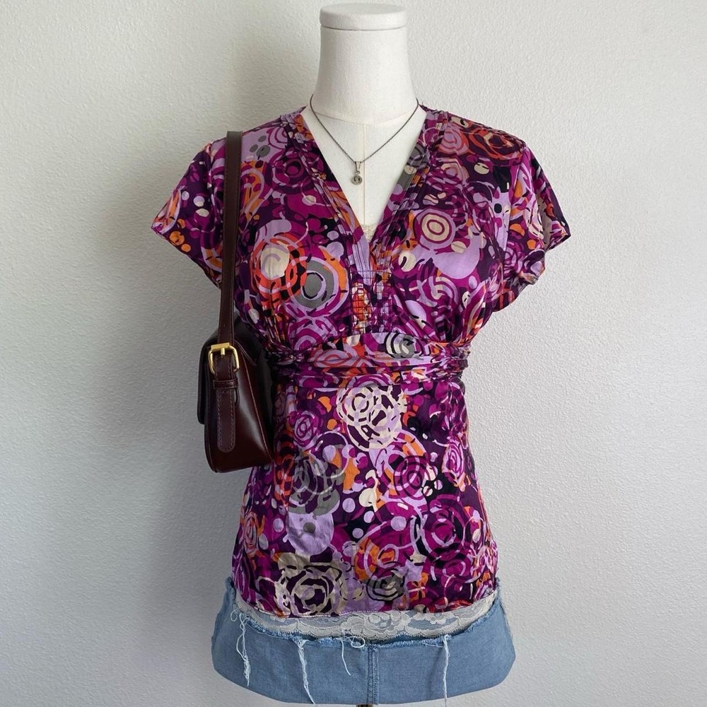 Vintage Y2K I.E. Relaxed Silk Geometric Purple Pink Short Sleeve Wrap Blouse